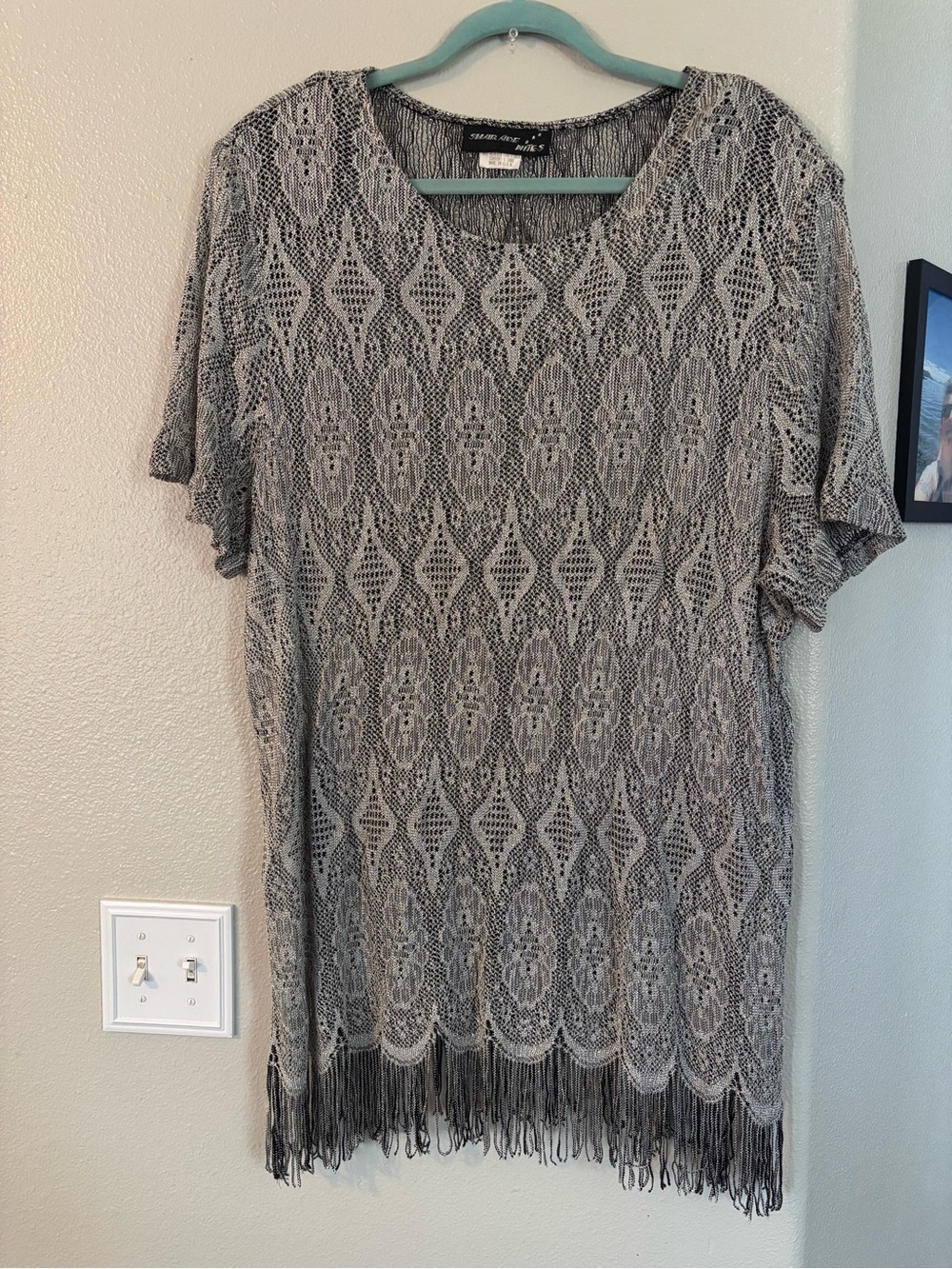 Vintage 80s 90s Metallic Silver Knit Fringe Tunic Top Plus 22W USA Made